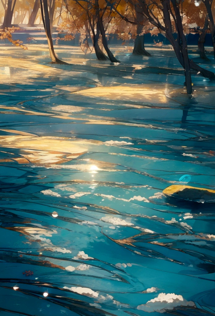 Sparkling water,Sunlight shines on the water,Soft Light泛着金色,The water surface is interwoven with blue and light red,一个年轻的男孩在水面游泳的Back 白色卫衣,Back,Soft Light
