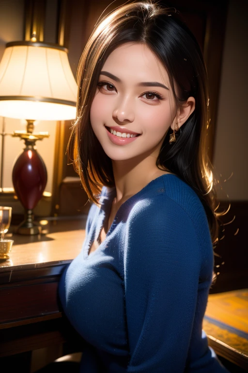 a gorgeous busty woman, first night, first date, beautiful detailed smile, beautiful detailed teeth, POV, lover, cinematic dramatic lighting, (best quality,4k,8k,highres,masterpiece:1.2),ultra-detailed,(realistic,photorealistic,photo-realistic:1.37),HDR,UHD,studio lighting,ultra-fine painting,sharp focus,physically-based rendering,extreme detail description,professional,vivid colors,bokeh,portrait,photorealistic,cinematic