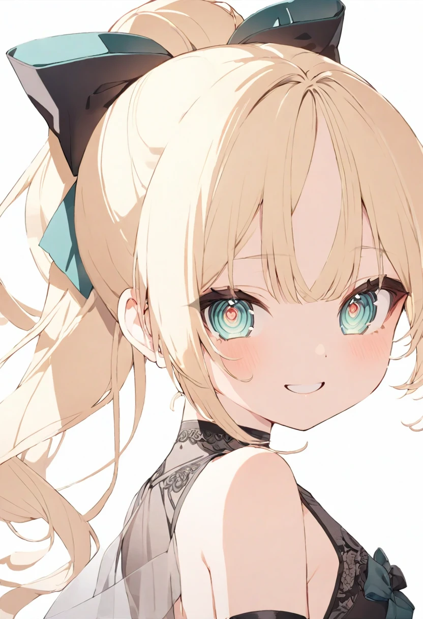 (muste piece), (best quality), very detailed eyes, expressive eyes, perfect face, very detailed face, highly detailed face, beautiful girl, 8K, beautiful girl, white background, delicate and beautiful face and eyes, dark intense shadow,
1 girl, vtuber style, cool girl, hololive, (loli:1.3), Kazama Iroha, Ponytail, blond hair, see-through:evening dress, small chest, cropped shoulders, clavicle from behind, looking back, smile, (whole body), standing,