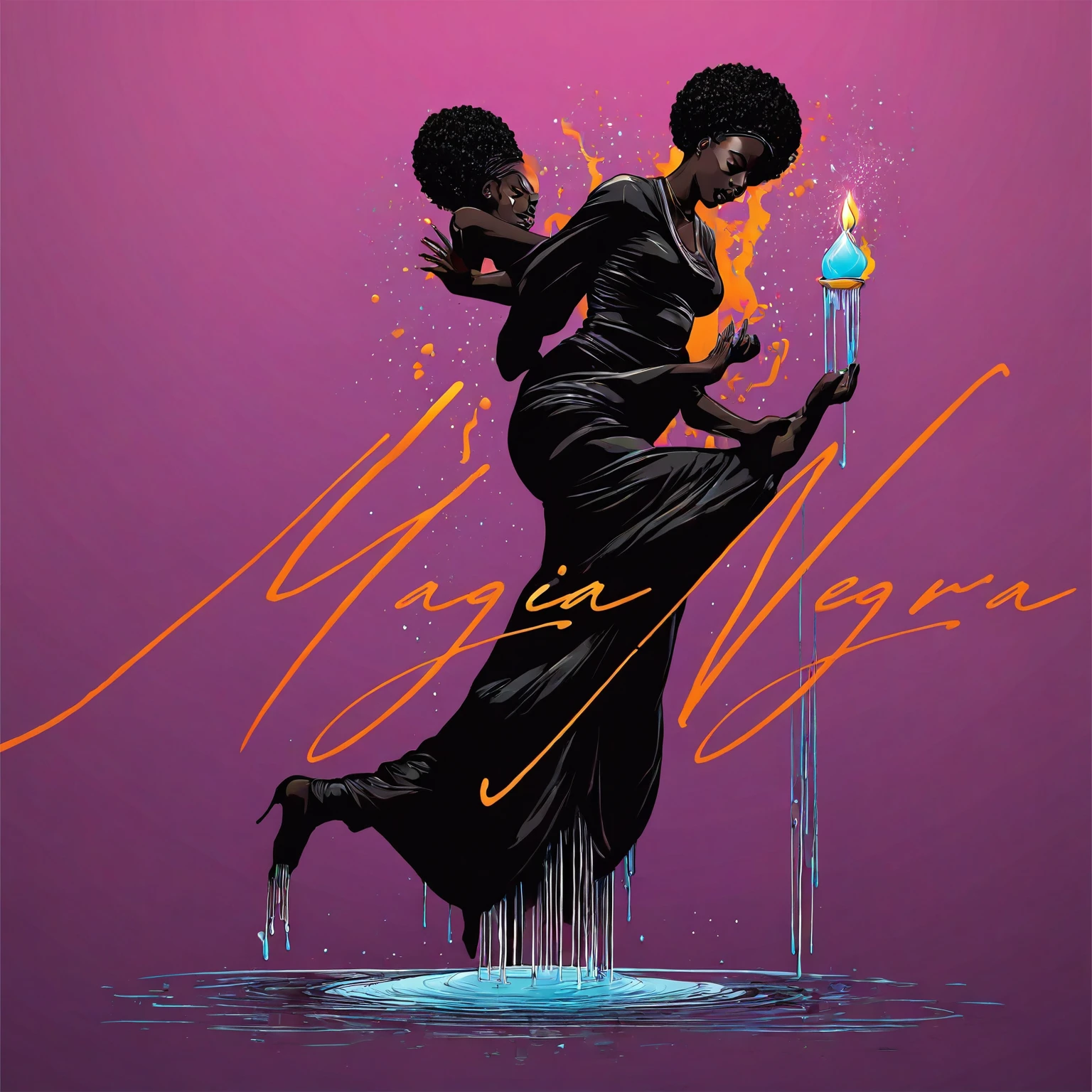Vector t-shirt art, ready to print, the back of a black woman falling a drop from an aromatic massage candle, with a drop falling on the back of a black woman, close up, album cover, ultra quality, masterpiece, candles, afrofuturism, afrofuturism fashion
