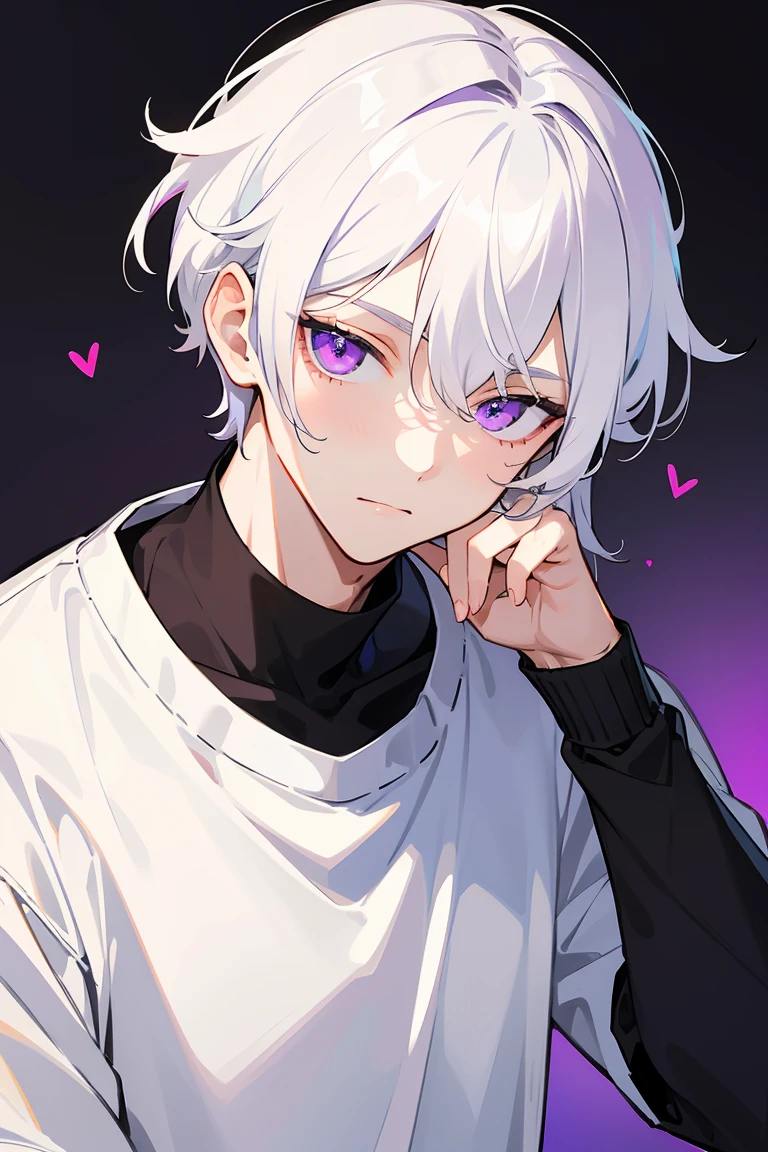 masterpiece, high quality, perfect face, 1man, male, tall, white hair, peekaboo black hair color, purple eyes, white t-shirt, black sweater 