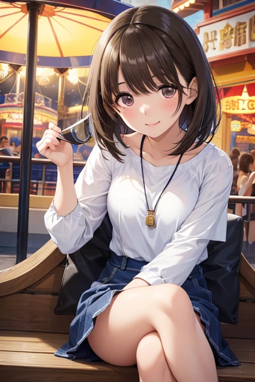 
anegasaki nene、Shiny brown hair, short hair, Beautiful brown eyes、smile、Sparkling eyes, (Fine grain)、Ultra-detailed eyes、Highly detailed face, Highly detailed eyes,


Highest quality、masterpiece、High sensitivity、High resolution、Detailed Description、One Woman、

black tunic、Denim mini skirt、pendant、


Ride the Ferris wheel at an amusement park、sit facing each other、Proximity、smile、