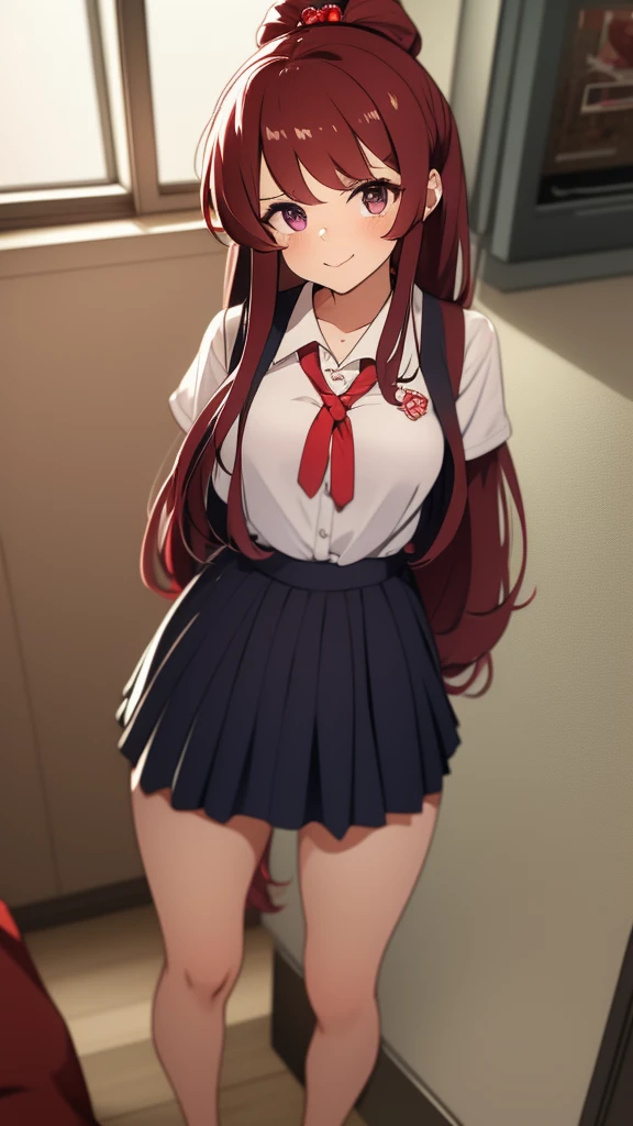 high tail hairstyle, Ponytail hairstyle, Long wavy black hair, standing posing, anime girl style, pixel art anime style,penetrating look with deep eyes,red and purple eyes, hair with a ponytail hairstyle trapped with a big red bun, Women, red hair clips, x color shaped hair clips , short white shirt, smooth receptionist miniskirt, smiling face blush, standing in his bedroom, next to his bed, receptionist clothes, lifting her skirt, grabbing her skirt with her hands to lift it up, letting her look at her underwear.