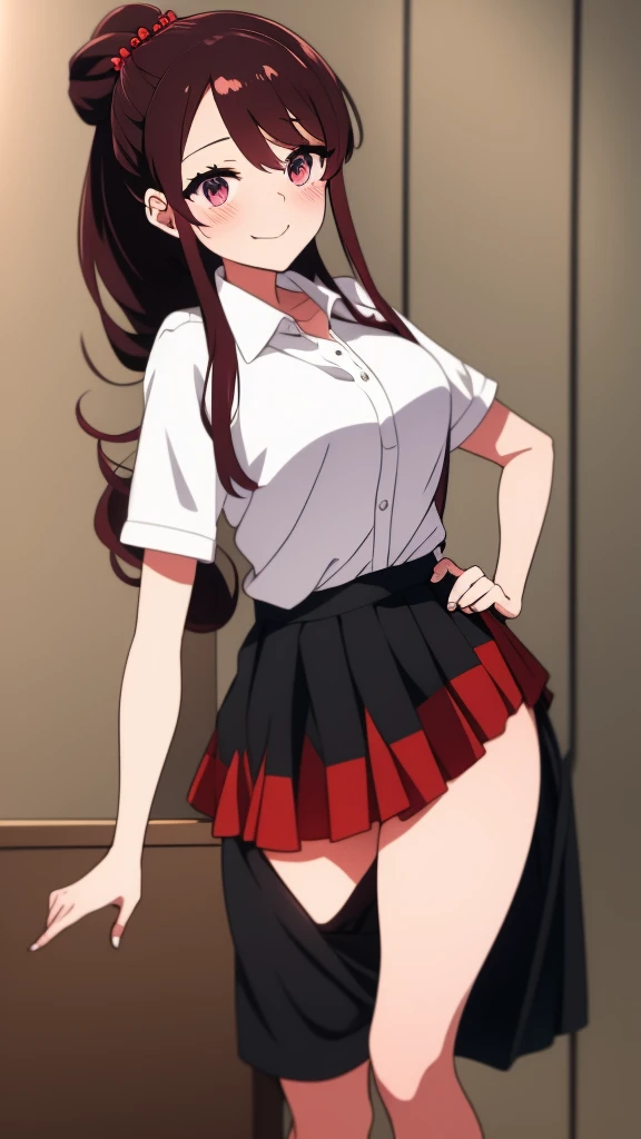 high tail hairstyle, Ponytail hairstyle, Long wavy black hair, standing posing, anime girl style, pixel art anime style,penetrating look with deep eyes,red and purple eyes, hair with a ponytail hairstyle trapped with a big red bun, Women, red hair clips, x color shaped hair clips , short white shirt, smooth receptionist miniskirt, smiling face blush, standing in his bedroom, next to his bed, receptionist clothes, lifting her skirt, grabbing her skirt with her hands to lift it up, letting her look at her underwear. 