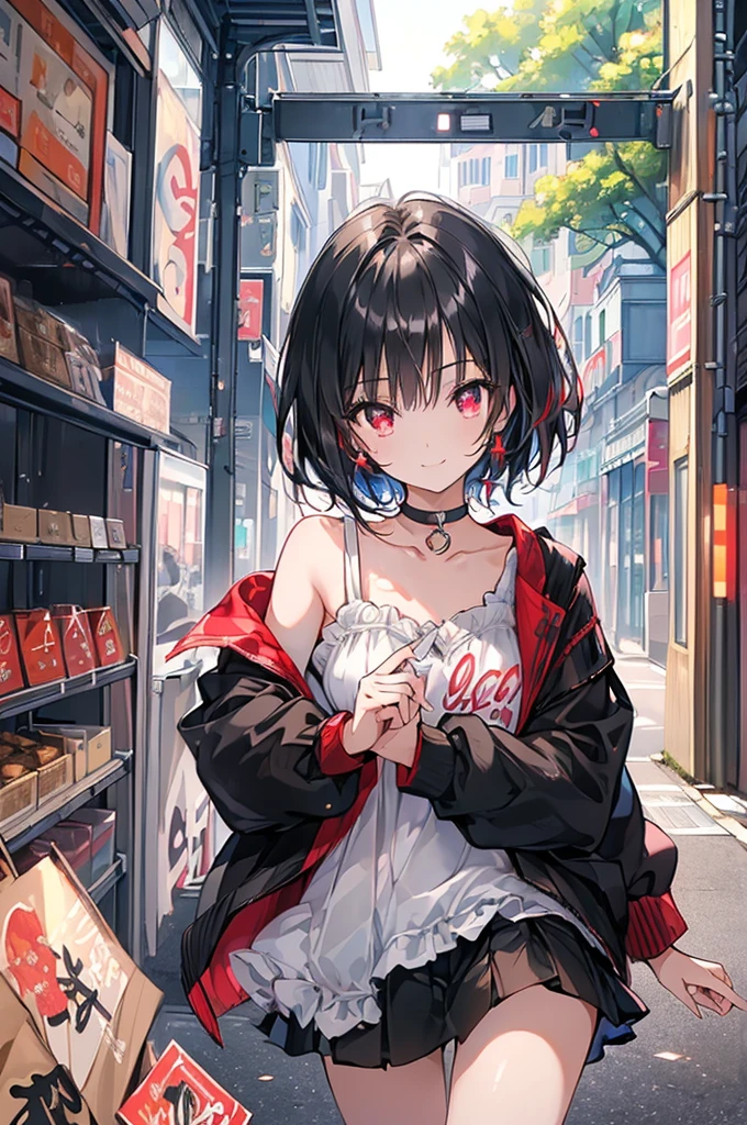 (masterpiece, highest quality, highest quality, (No text), Beautiful and aesthetic:1.2),No text,アニメ、BREAK,One Girl，Black Hair Girl　short hair　older sister　choker　Tree Eyes　Beautiful eyes　Red eyes　cool　smile　Red and Black　Black jacket　mini skirt　whole body　In town