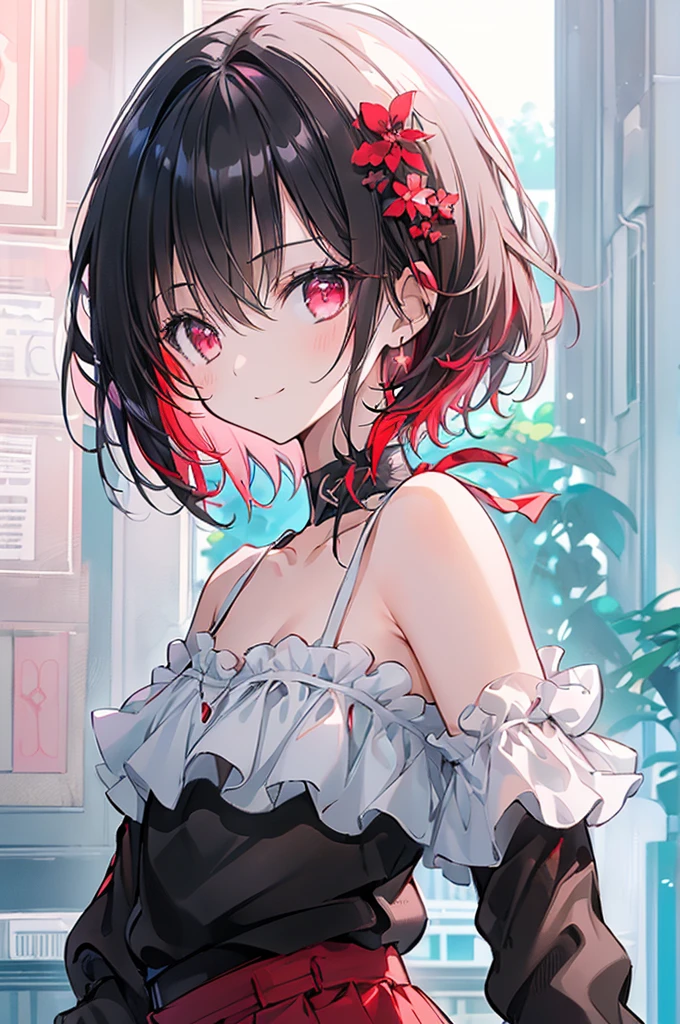 (masterpiece, highest quality, highest quality, (No text), Beautiful and aesthetic:1.2),No text,アニメ、BREAK,One Girl,Black Hair Girl short hair older sister choker Tree Eyes Beautiful eyes Red eyes cool smile Red and Black Black jacket mini skirt whole body In town