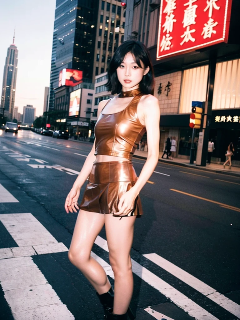 A Chinese prostitute stands on the side of a road, wearing a low-cut tank top with half full breasts exposed, and a low-waisted leather jacket over it. She wore only a short leather skirt, bare thighs and calves, and a pair of high-waisted leather boots on her bare feet. There were a few street girls standing along the road, and they were all scantily dressed to show as much femininity as possible.