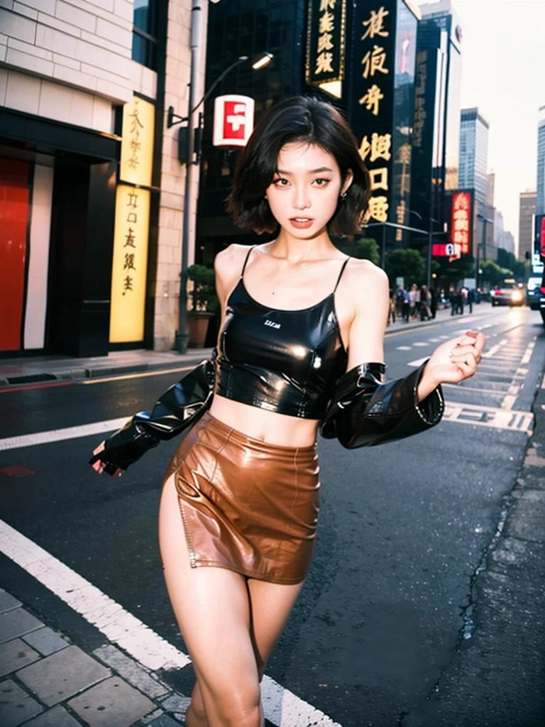 A Chinese prostitute stands on the side of a road, wearing a low-cut tank top with half full breasts exposed, and a low-waisted leather jacket over it. She wore only a short leather skirt, bare thighs and calves, and a pair of high-waisted leather boots on her bare feet. There were a few street girls standing along the road, and they were all scantily dressed to show as much femininity as possible.