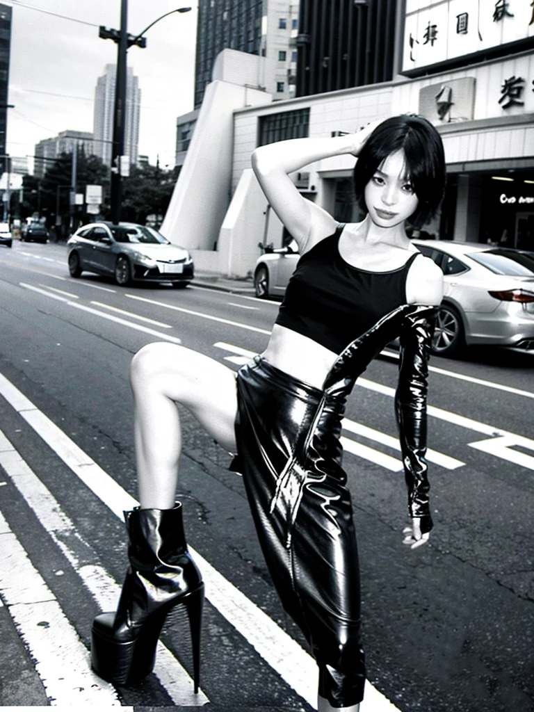 A Chinese prostitute stands on the side of a road, wearing a low-cut tank top with half full breasts exposed, and a low-waisted leather jacket over it. She wore only a short leather skirt, bare thighs and calves, and a pair of high-waisted leather boots on her bare feet. There were a few street girls standing along the road, and they were all scantily dressed to show as much femininity as possible.