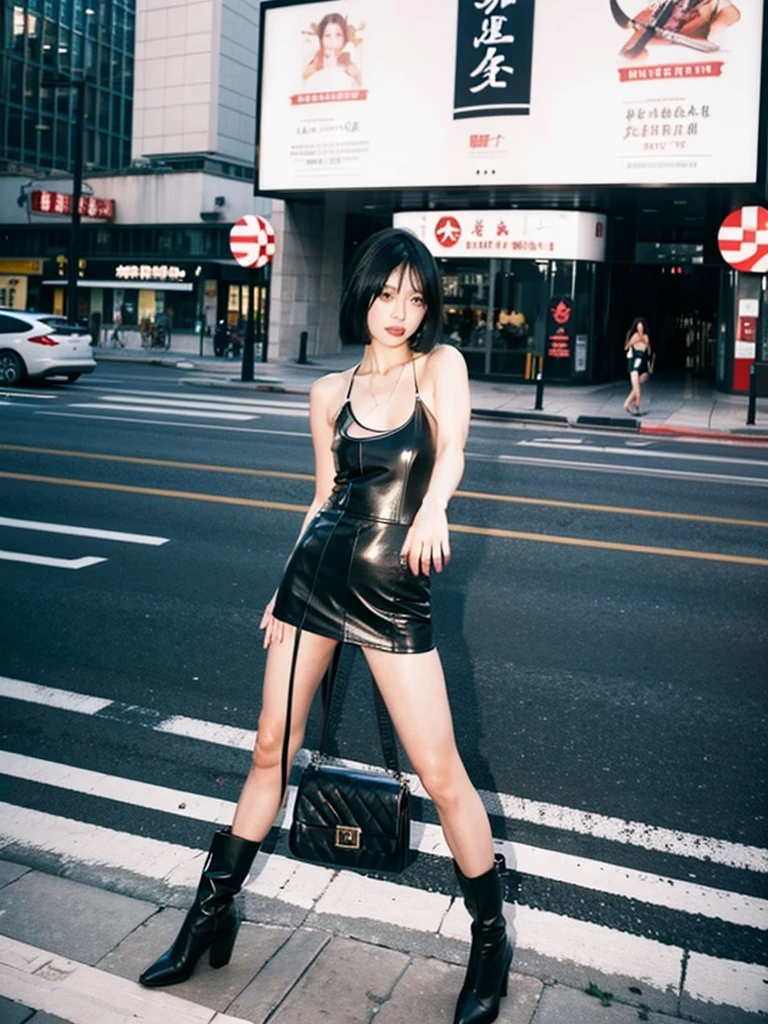 A Chinese prostitute stands on the side of a road, wearing a low-cut tank top with half full breasts exposed, and a low-waisted leather jacket over it. She wore only a short leather skirt, bare thighs and calves, and a pair of high-waisted leather boots on her bare feet. There were a few street girls standing along the road, and they were all scantily dressed to show as much femininity as possible.