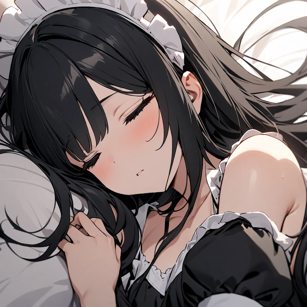 Top quality, masterpiece, black hair, long hair, black eyes, ((maid-style)),lingerie, sleeping, close-up