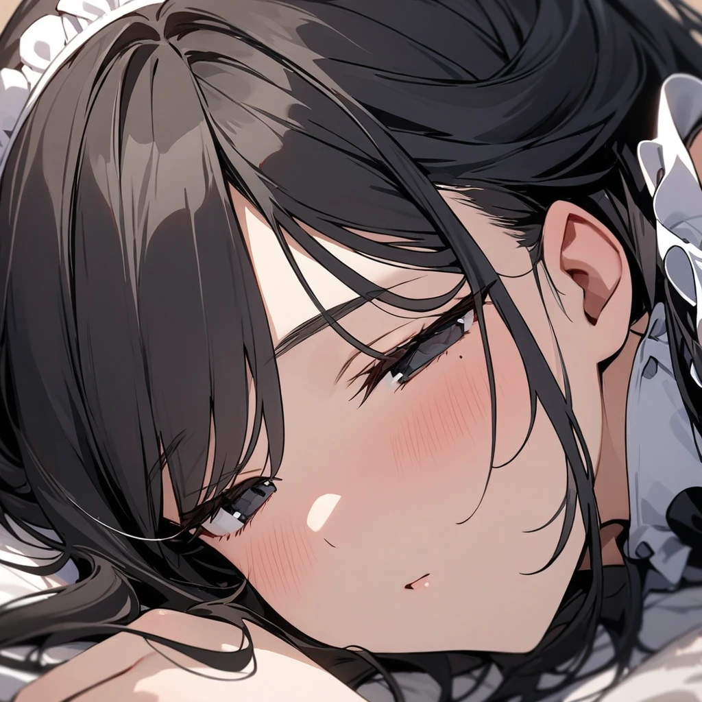 Top quality, masterpiece, black hair, long hair, black eyes, ((maid-style)),lingerie, sleeping, close-up