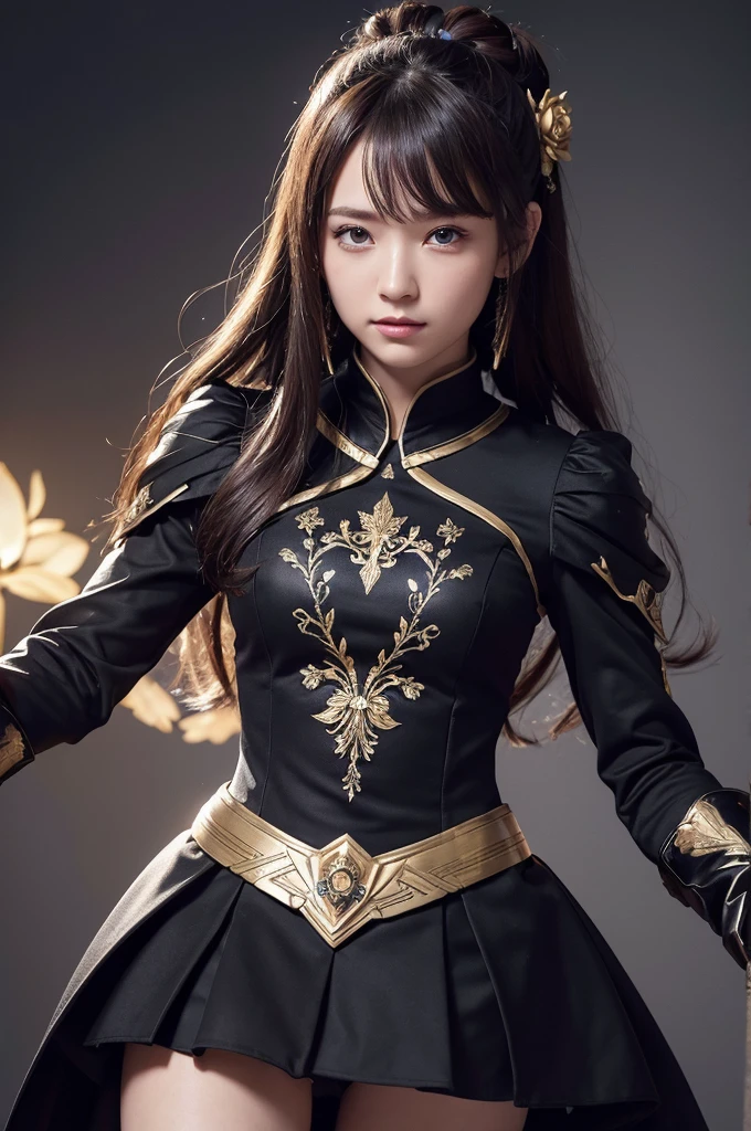 Wearing black armor over the dress,place It is a gold rose design,The skirt of the dress is made of black velour fabric,miniskirt,white gloves,gauntlets,garter bel,acrobatic pose,(Long Hair,topknot,sideburns,light brown hair, hair ribbon,bright,flower hair ornament),(((masterpiece))), (8K, expensive_solve), (clear_image), Highly detailed CG, ((Highest quality), Beautiful eyes and fine face