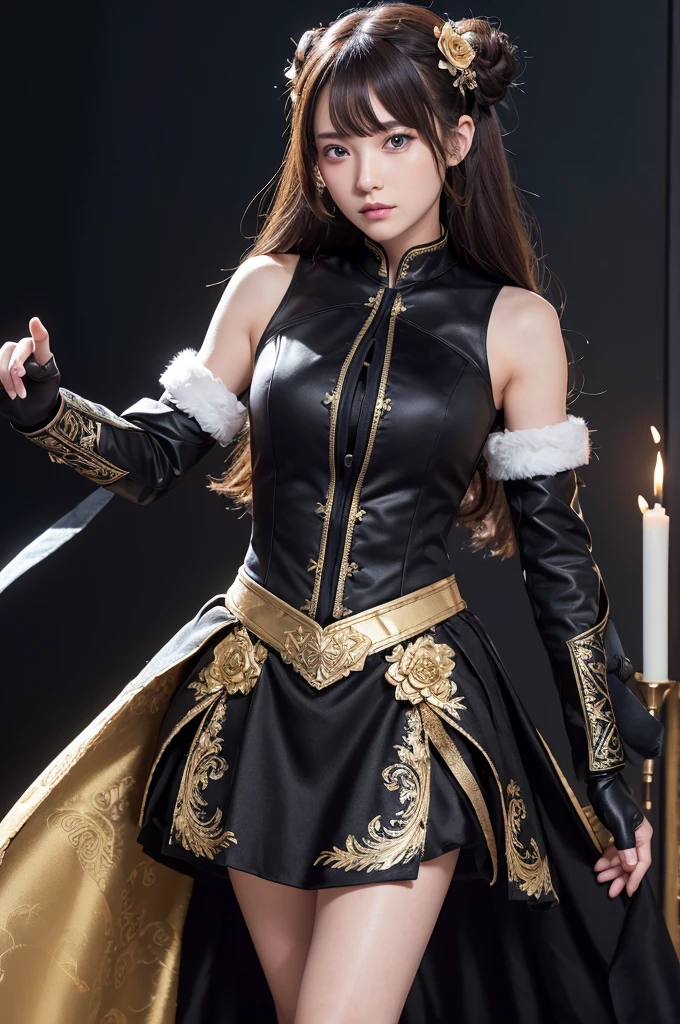 Wearing black armor over the dress,place It is a gold rose design,The skirt of the dress is made of black velour fabric,miniskirt,white gloves,gauntlets,garter bel,acrobatic pose,(Long Hair,topknot,sideburns,light brown hair, hair ribbon,bright,flower hair ornament),(((masterpiece))), (8K, expensive_solve), (clear_image), Highly detailed CG, ((Highest quality), Beautiful eyes and fine face