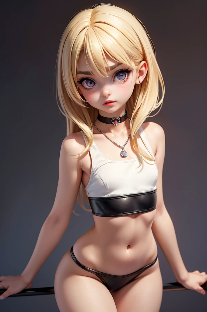 hyperrealistic  american teen, blondittle, perfect tiny body, sexy, dark makeup, small choker, perfect slim face, big red lips, very cute face, tiny body, big eyes, young looking, childish looking, perfect belly, perfect legs