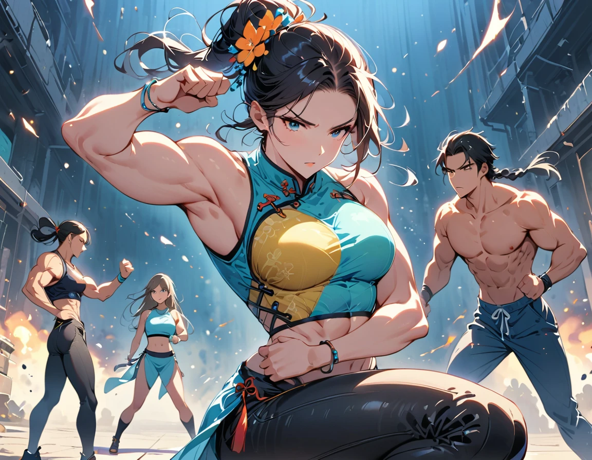 Boxing Match between muscular woman and doing a knee strike, six pack, no men in background , Chinese dress crop top,  and leggings ,portrait, empty dojo background 