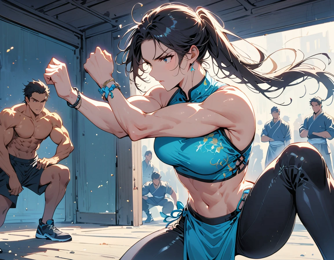 Boxing Match between muscular woman and doing a knee strike, six pack, no men in background , Chinese dress crop top, and leggings ,portrait, empty dojo background