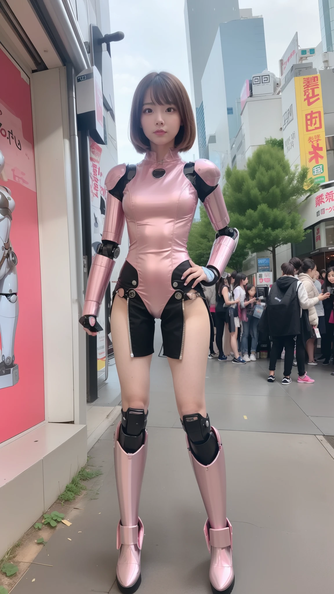 Robot Girl, pink, Silver, Metallic body, Robot Parts, Metal Parts, Super Detailed Face, Super well-formed face, of the highest quality, a small face, a small head, Brown hair, Slender body, Camera gaze, Internal Mechanical Exposure, Idol, front facing, Well-proportioned body, sale, Exhibited, Event Hall, Moe Pose, pink metallic Lolita dress machine armor, Standing with legs open, Model body type, sad, Embarrassing,(Perfect Robot Girl),(Perfect machine body)