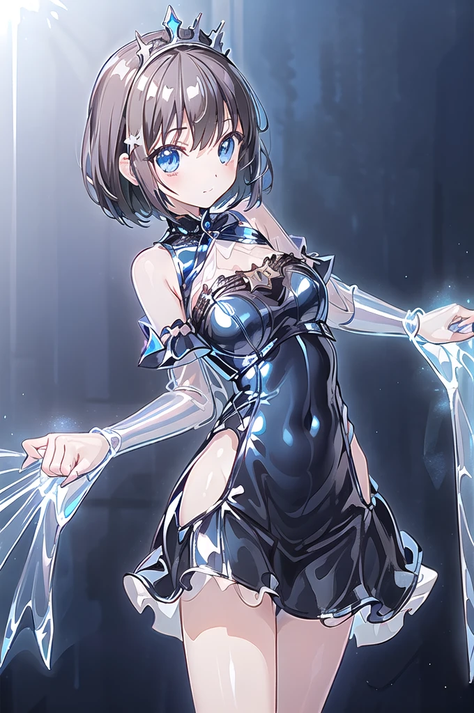 1girl,solo,(standard height),(cowboy shot),standing,(black hair:1.6),(short hair:1.2),(tiara:1.2),(blue eyes:1.2),(beautiful fingers:1.6),(perfect anatomy:1.4),(arms_behind_back:1.6),(cold_shoulder:1.2),BREAK,(blue police uniform:1.6),(leather lace glossy silk lamé:1.6),(blue pencil mini skirt:1.4),(latex luster shiny glossy metallic:1.6),(shiny_clothes:1.6),medium breasts,beautiful breasts,(masterpiece),best quality,(Ultra high definition eyes:1.2),8k,(Beautiful detailed eyes:1.2),(Fine and beautiful eyes:1.2),(pretty eyes:1.2),finely detail,extremely CG, absurdres,high resolution,illustration,Detailed and beautiful outlines,finely detail,high resolution,(colorful refraction:1.4,Increase saturation:1.2),beautiful lighting,dynamic lighting,closed room,black background,simple background, smile,looking at viewer,animemia,blue glove,(white Clear PVC sheets sleeves:1.6),(sheer sleeves:1.6),(see-through sleeves:1.6),(wide sleeves:1.4),(blue thigh boost:1.4)