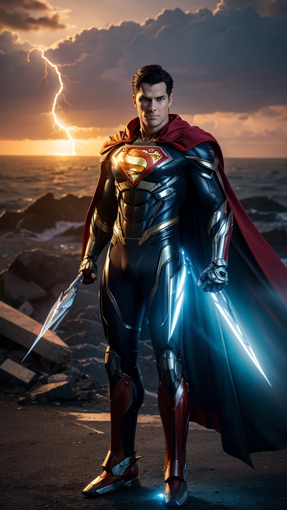 Masterpiece, best quality, NVIDIA RTX, sharp picture, cinematic lightning, hi-tech futuristic Superman, Superman symbol, floating, perfect face, proportional body, luminous mecha-armor:1.3, glowing mecha armor:1.3, (cape blown by strong winds:1.3), on top of a bulding, full body, epic lights reflection, night, smokes, from above