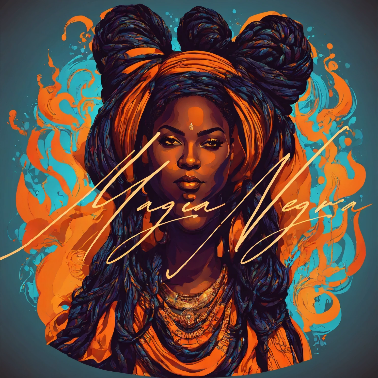 Vector t-shirt art design, centered, orisha, illustration of a thick and fat black woman wearing a orange dress and making magic with candles, afrofuturism, afrofuturism fashion, ultra quality, 8K, intricate details, beautiful face, african goddess