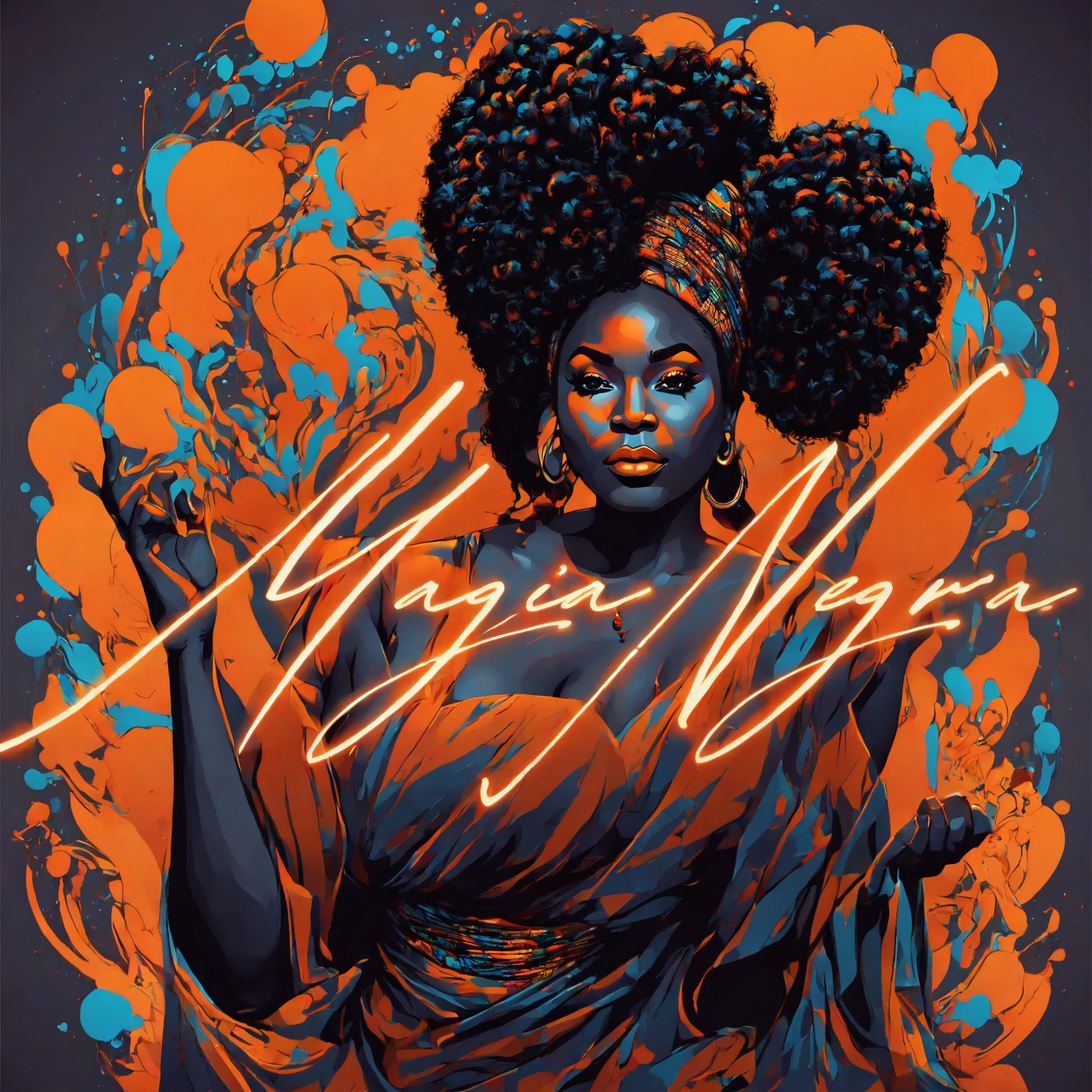 Vector t-shirt art design, centered, orisha, illustration of a thick and fat black woman wearing a orange dress and making magic with candles, afrofuturism, afrofuturism fashion, ultra quality, 8K, intricate details, beautiful face, african goddess