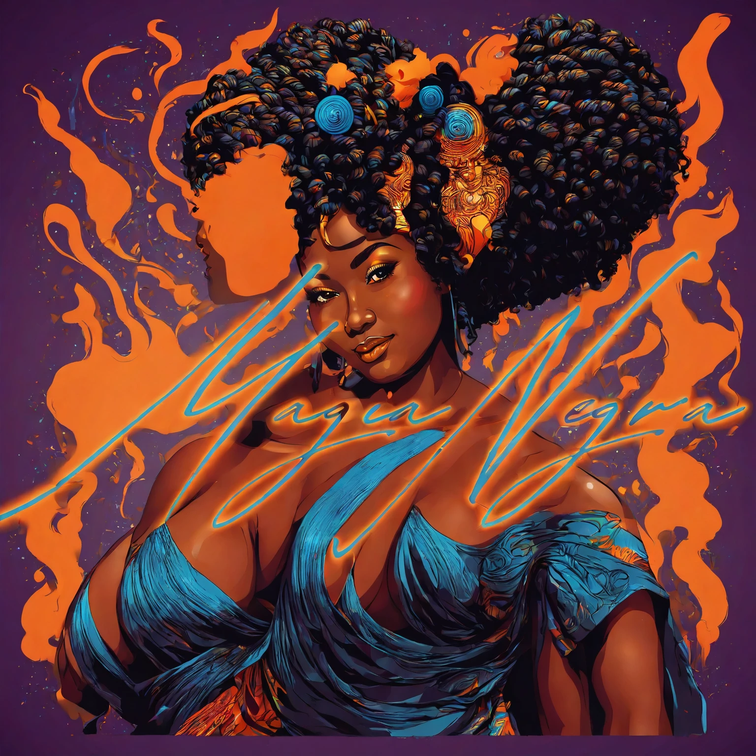 Vector t-shirt art design, centered, orisha, illustration of a thick and fat black woman wearing a orange dress and making magic with candles, afrofuturism, afrofuturism fashion, ultra quality, 8K, intricate details, beautiful face, african goddess