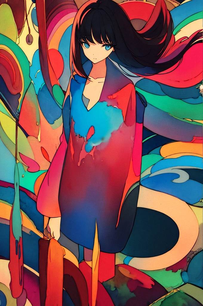 An abstract colorful Watercolor Painting of a nacked girl with long black hair, beautiful art