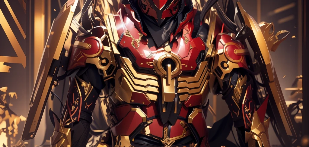 Mainly Chinese armor,The overall color is a mixture of gold and red,There are many gorgeous carvings all over the body,Let them coexist,This can also be done around the eyes. The entire surface should be red and gold,There are no other colors.,Does not contain any other colors,There should be a lot of crystal effects like crystal。The color changes to red and gold,Some red and gold(Ensure its layering and armor texture,Red as main color,Add some gold for decoration)
