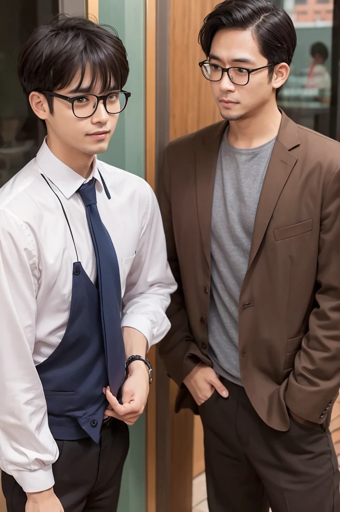 A man with glasses and a man without glasses standing back to back in cartoon style