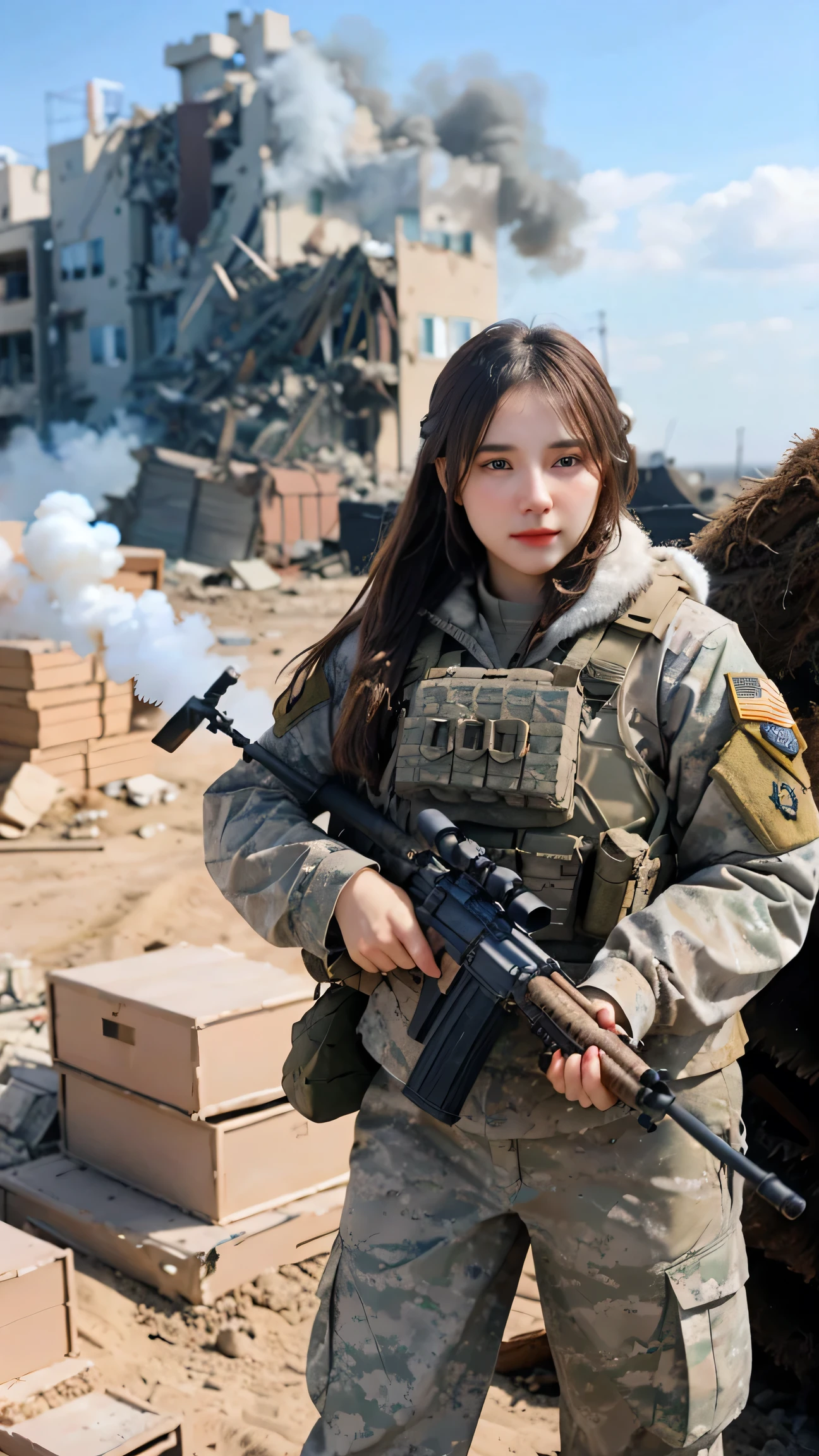 photorealistic、Realistic skin textures、A photo of Dasha Taran, ohwx woman,A beautiful detailed figure of Dasha Taran belonging to the American military is aiming with a sniper rifle.、standing、On the rubble、brown dust smoke、Action poses with movement、Image from front top