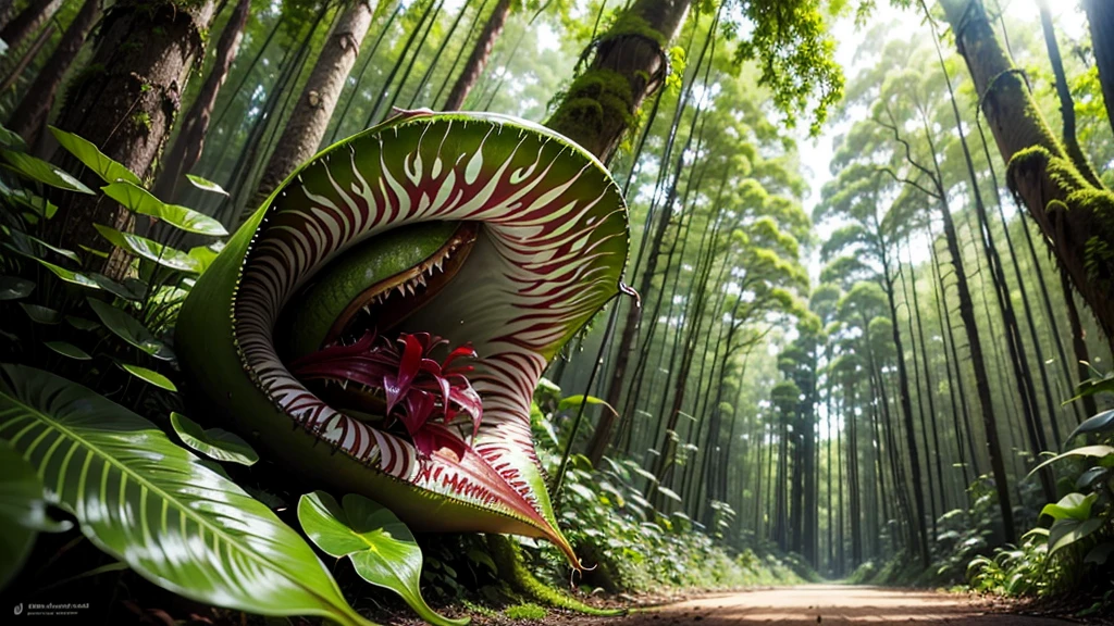 (tropical pitcher plants :1.1),with a large mouth and sharp teeth.,in the forest, landscape:1.5