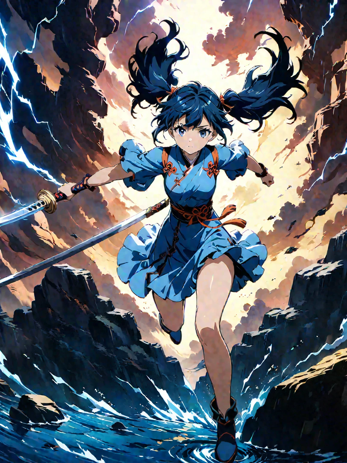 (girl with twin tails:1.3), (2020s Anime screenshot:1.3), (SAMURAI Girl anime character:1.3), (close-up eye shot:1.2), (low angle view:1.2), (lightning slash:1.3), (Chinese sword:1.3), (slashing lightning with motion blur:1.2), (swirling motion around the sword:1.2), (action scene:1.2), (floating:1.2), (fish eye lens:1.2), (Jump | Running | Inversion | Spin:1.2), (anime girl in blue dress flying with sword in the sky:1.3), (Makoto Shinkai Cyril Rolando:1.2), (wallpaper anime blue water:1.2), (4k anime wallpaper:1.3), (sword and wand - water:1.2), (anime style 4k:1.3), (anime wallpaper 4k:1.3), (anime wallpaper 4k:1.3), (anime girl walking on water:1.2), (anime epic artwork:1.2), (anime art wallpaper 4k:1.2), (anime art wallpaper 4k:1.2), (masterpiece:1.3), (best quality:1.3), (extremely detailed CG Unity 8k wallpaper:1.3), (best quality:1.3), (best illustration award:1.2), (best shadow:1.2), (absurd:1.2), (realistic lighting:1.3), (abyss:1.2), (beautiful detailed glow:1.2), (Peter MohrBacher art work:1.1)
