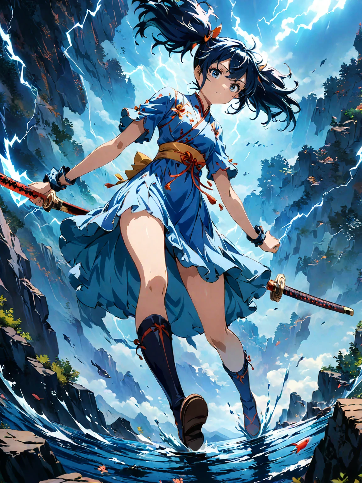 (girl with twin tails:1.3), (2020s Anime screenshot:1.3), (SAMURAI Girl anime character:1.3), (close-up eye shot:1.2), (low angle view:1.2), (lightning slash:1.3), (Chinese sword:1.3), (slashing lightning with motion blur:1.2), (swirling motion around the sword:1.2), (action scene:1.2), (floating:1.2), (fish eye lens:1.2), (Jump | Running | Inversion | Spin:1.2), (anime girl in blue dress flying with sword in the sky:1.3), (Makoto Shinkai Cyril Rolando:1.2), (wallpaper anime blue water:1.2), (4k anime wallpaper:1.3), (sword and wand - water:1.2), (anime style 4k:1.3), (anime wallpaper 4k:1.3), (anime wallpaper 4k:1.3), (anime girl walking on water:1.2), (anime epic artwork:1.2), (anime art wallpaper 4k:1.2), (anime art wallpaper 4k:1.2), (masterpiece:1.3), (best quality:1.3), (extremely detailed CG Unity 8k wallpaper:1.3), (best quality:1.3), (best illustration award:1.2), (best shadow:1.2), (absurd:1.2), (realistic lighting:1.3), (abyss:1.2), (beautiful detailed glow:1.2), (Peter MohrBacher art work:1.1)
