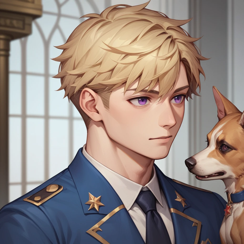 ((Highest quality, masterpiece)),
1 Male, Blonde Short Hair, Purple eyes, there is nothing, Dog's white ears, Black jacket, Black trousers, Black men's shoes, Dark blue tie, White Background、toy poodle
