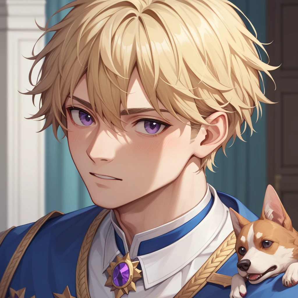 ((Highest quality, masterpiece)),
1 Male, Blonde Short Hair, Purple eyes, there is nothing, Dog's white ears, Black jacket, Black trousers, Black men's shoes, Dark blue tie, White Background、toy poodle