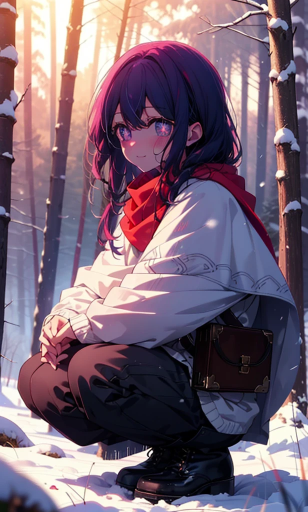 aihoshino, Ai Hoshino, Long Hair, bangs, (Purple eyes:1.1), Purple Hair, (Symbol-shaped pupil:1.5), smile,,smile,blush,White Breath,
Open your mouth,snow,Ground bonfire, Outdoor, boots, snowing, From the side, wood, suitcase, Cape, Blurred, , forest, White handbag, nature, Squat, Mouth closed, Cape, winter, Written boundary depth, Black shoes, red Cape break looking at viewer, Upper Body, whole body, break Outdoor, forest, nature, break (masterpiece:1.2), Highest quality, High resolution, unity 8k wallpaper, (shape:0.8), (Beautiful and beautiful eyes:1.6), Highly detailed face, Perfect lighting, Extremely detailed CG, (Perfect hands, Perfect Anatomy),