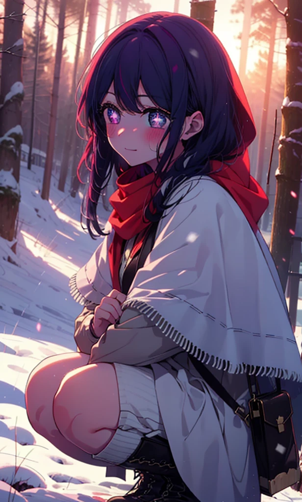 aihoshino, Ai Hoshino, Long Hair, bangs, (Purple eyes:1.1), Purple Hair, (Symbol-shaped pupil:1.5), smile,,smile,blush,White Breath,
Open your mouth,snow,Ground bonfire, Outdoor, boots, snowing, From the side, wood, suitcase, Cape, Blurred, , forest, White handbag, nature, Squat, Mouth closed, Cape, winter, Written boundary depth, Black shoes, red Cape break looking at viewer, Upper Body, whole body, break Outdoor, forest, nature, break (masterpiece:1.2), Highest quality, High resolution, unity 8k wallpaper, (shape:0.8), (Beautiful and beautiful eyes:1.6), Highly detailed face, Perfect lighting, Extremely detailed CG, (Perfect hands, Perfect Anatomy),