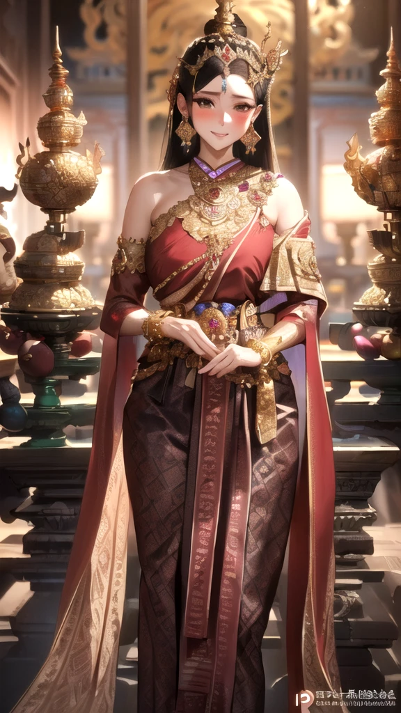 Masterpiece, nonsense, very detailed, Yamada Anna, 1 girl, alone, long hair, Blush, black hair, long sleeve, brown eyes, look at viewer,
(Thai princess:1.3),(Gorgeous thai costumes with complicated details,Gorgeous dress,Gorgeous gold jewelry, complicated details,luxury jewelry accessories,gorgeous edge, complicated details,Various gems:1.2),((Thai Buddhist Temple))