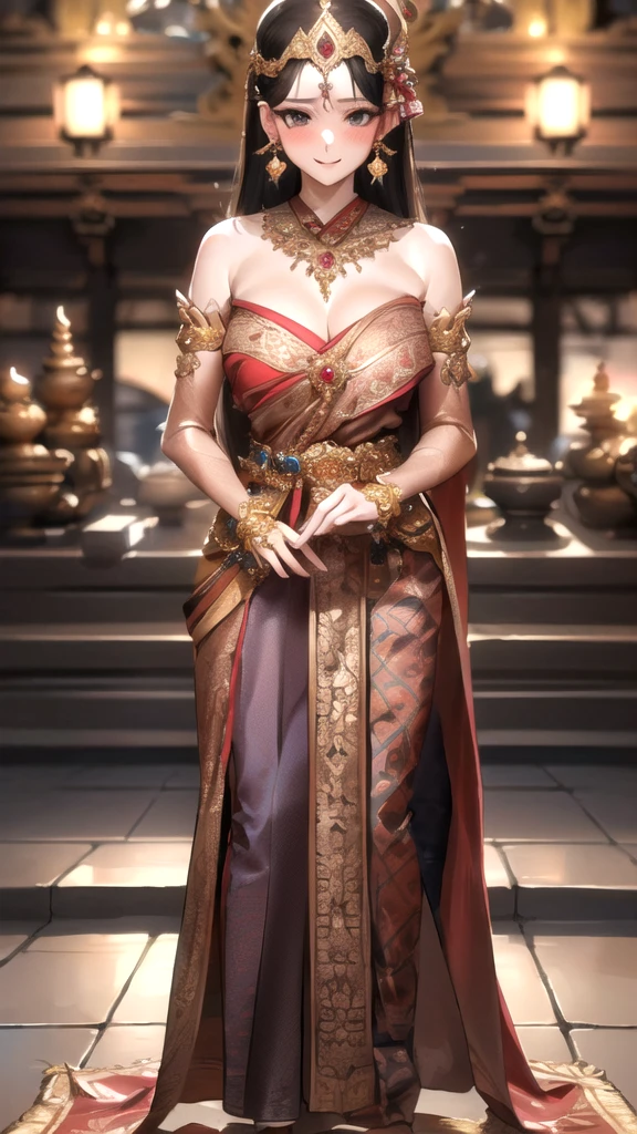 Masterpiece, nonsense, very detailed, Yamada Anna, 1 girl, alone, long hair, Blush, black hair, long sleeve, brown eyes, look at viewer,
(Thai princess:1.3),(Gorgeous thai costumes with complicated details,Gorgeous dress,Gorgeous gold jewelry, complicated details,luxury jewelry accessories,gorgeous edge, complicated details,Various gems:1.2),((Thai Buddhist Temple))