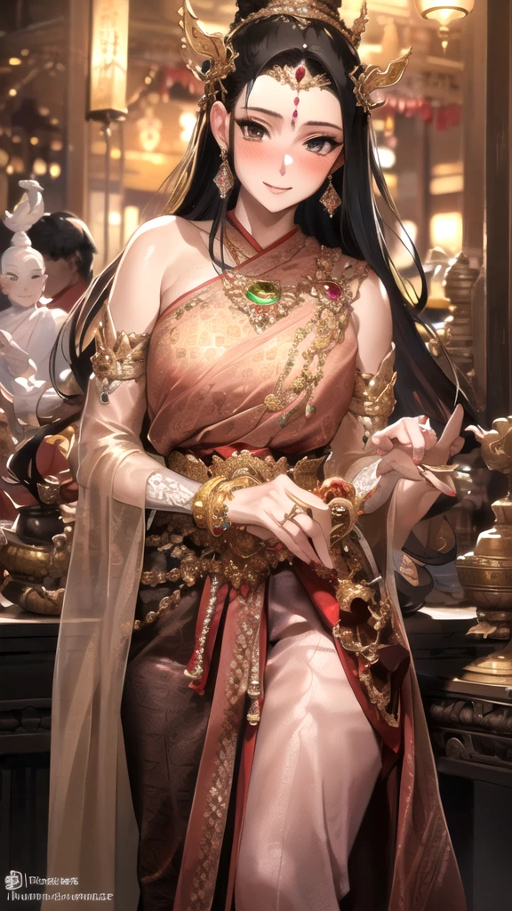 Masterpiece, nonsense, very detailed, Yamada Anna, 1 girl, alone, long hair, Blush,  black hair, long sleeve, brown eyes, look at viewer,                   
 (Thai princess:1.3),(Gorgeous thai costumes with complicated details,Gorgeous dress,Gorgeous gold jewelry, complicated details,luxury jewelry accessories,gorgeous edge, complicated details,Various gems:1.2),((Thai Buddhist Temple))