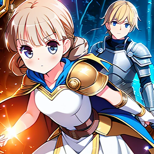 Alicesburg, Alice Zuberg, bangs, blue eyes, Blonde, Hair between the eyes, Very long hair, Braiding, Hair ties, white Hair ties,, break dress, Cape, armor, Blue clothes, shoulder armor, Gauntlet, Cane , breastplate, armored dress, defect, blue Cape, knight, gold armor, body armor,, break outside, forest, break looking at viewer, break (artwork:1.2), Highest quality, High resolution, unity wallpaper 8k, (figure:0.8), (Beautiful attention to detail:1.6), Highly detailed face, Perfect lighting, Highly detailed CG, (Perfect hands, Perfect Anatomy), 