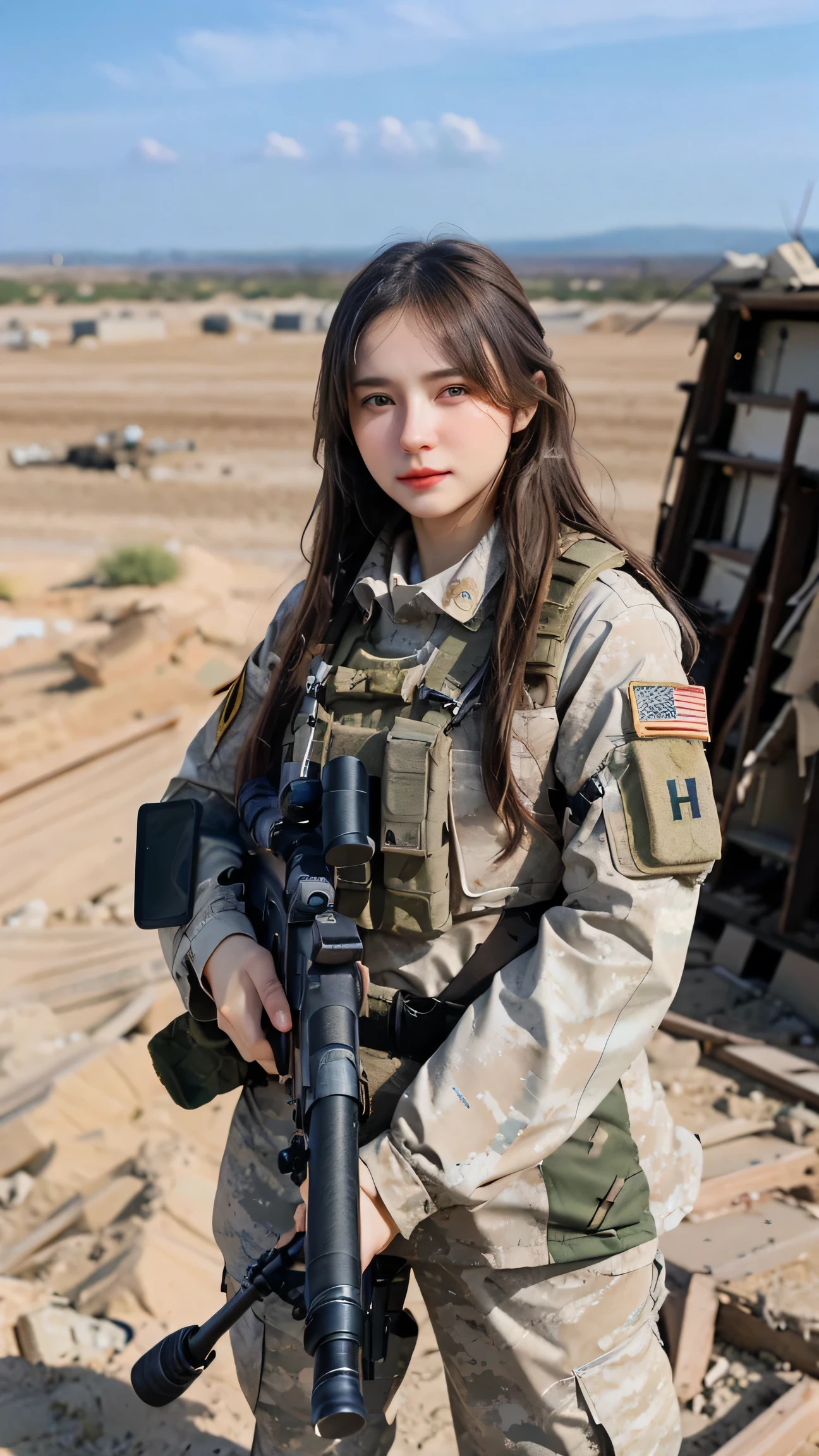 photorealistic、Realistic skin textures、A photo of Dasha Taran, ohwx woman,A beautiful detailed figure of Dasha Taran belonging to the American military is aiming with a sniper rifle.、standing、On the rubble、brown dust smoke、Action poses with movement、Image from front top