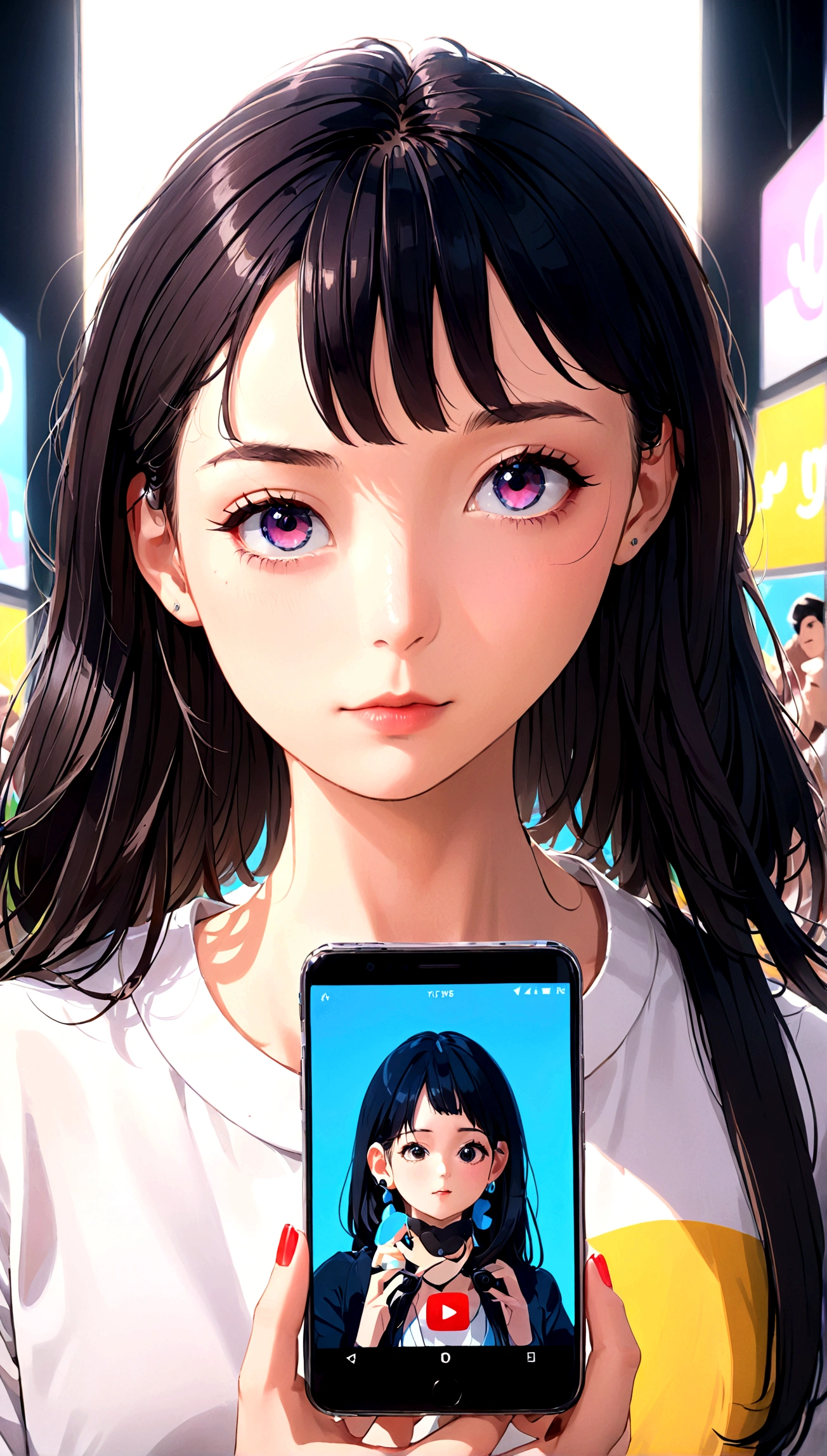 8K portrait of a beautiful young woman in a J-POP style, having a great time watching one interesting video after another on YouTube on her smartphone, extremely detailed, high quality, ultra-high resolution, photorealistic, masterpiece, cinematic composition, trending on ArtStation