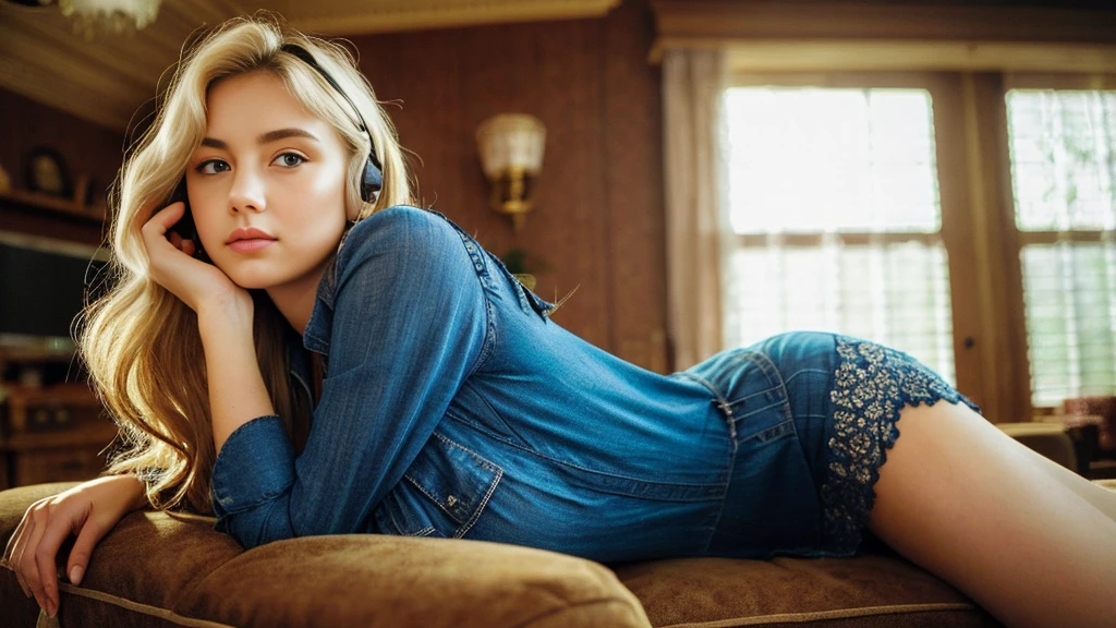 Beautiful blonde with big breasts in a blouse (Western-style mansion at midnight、living room),Wearing headphones,Very detailed, 21 years old, Innocent face, Naturally Wavy Hair, blue eyes, High resolution, masterpiece, Highest quality, Intricate details, Very detailed, Clear focus, Delicate skin, practical skin texture, texture, Delicate eyes, Professional, 4K, Sad face,despair、 Shot with Canon, 85mm, Shallow and deep,  Kodak Vision Color, Exactly, Very detailed, photograph_\(Extremist\), photographpractical, practical, Post-processing, Maximum details, Roughness, Real Life, Extremist practical, Photorealism, photographgraphy, 8K Ultra HD, photographgraphy