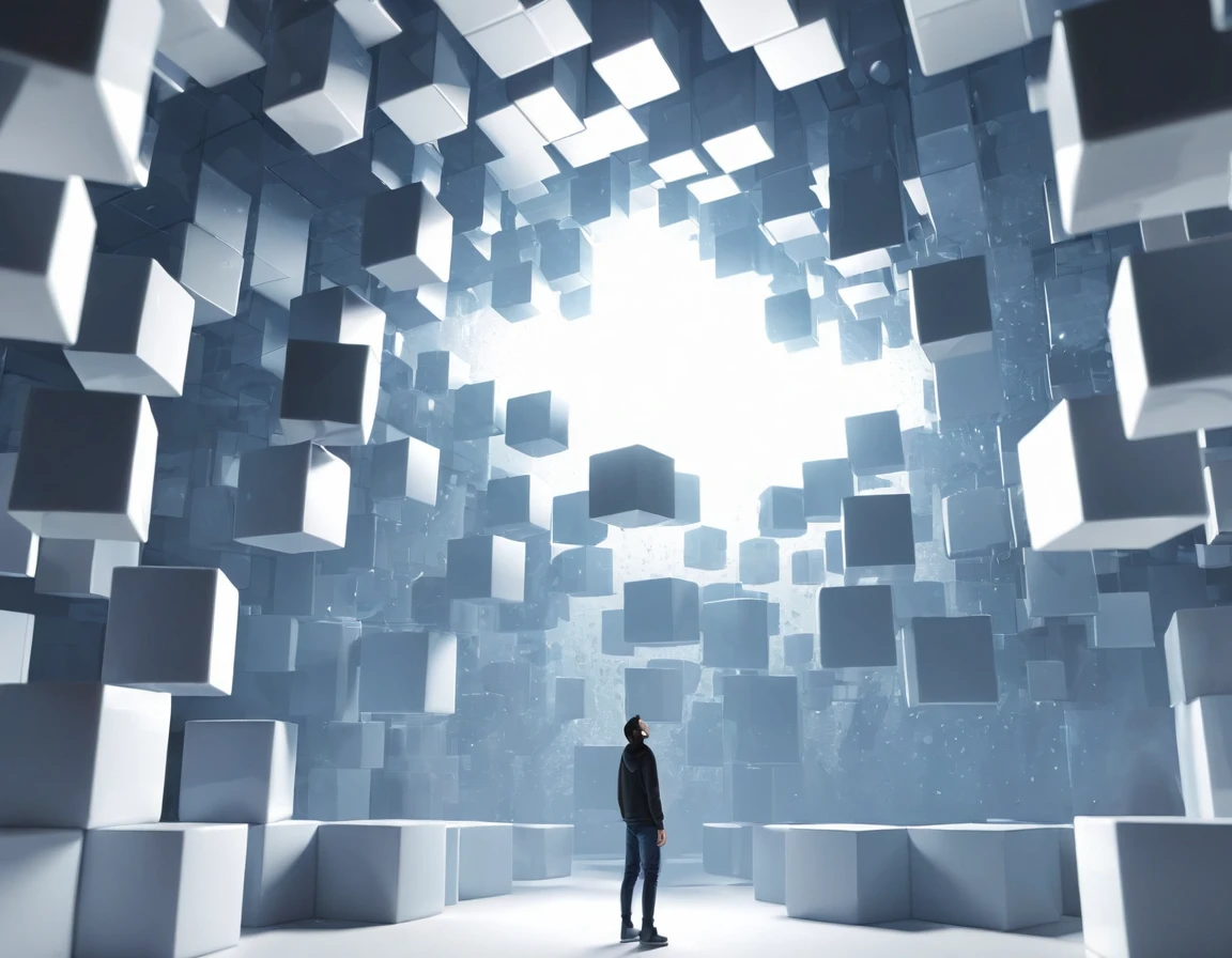Some cubes are suspended in three-dimensional space, The person standing with his back to the photo looks up. The whole body is like a 3D rendering, 3D cartoon characters, Central Composition, Blender, 4K, Technology