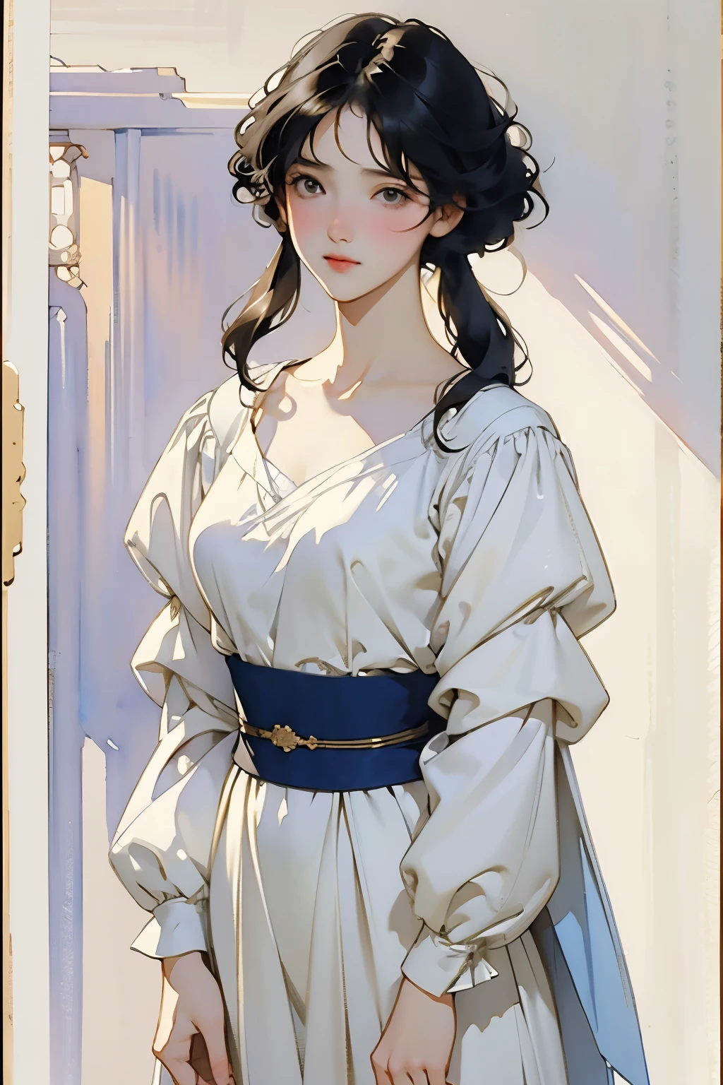 (Highest quality、masterpiece)、(Concept Art)、(icon)、((One beautiful woman))、Age 25、((alone))、((whole body))、((Standing position))、(Black-haired、Twin tails:1.2)、 White Dress、(Soft Light)、(Soft Shading)、 (pastel colour)、(sketch)、(Bright)、(Sargent-style watercolor)、(Edmund Leighton Style)、(alma tadema style)、((White Background))、((Blank Background))、