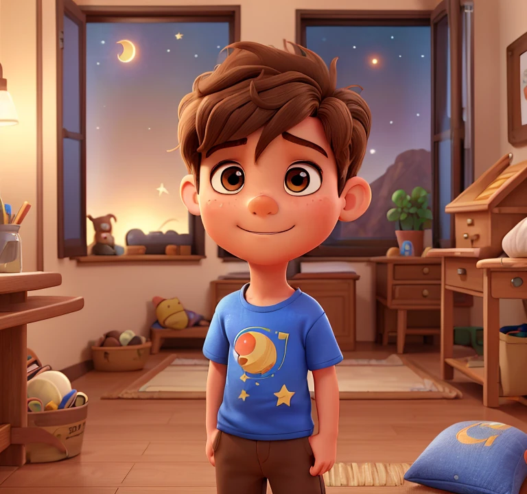 drawing of a  boy, short-hair, wavy, light brown and large, bright brown eyes, he wears comfortable clothes that include colorful t-shirts,  with prints of stars and planets, and sweatpants. boy looking through telescope when he sees a shooting star shining brightly outside his window, where he was surprised