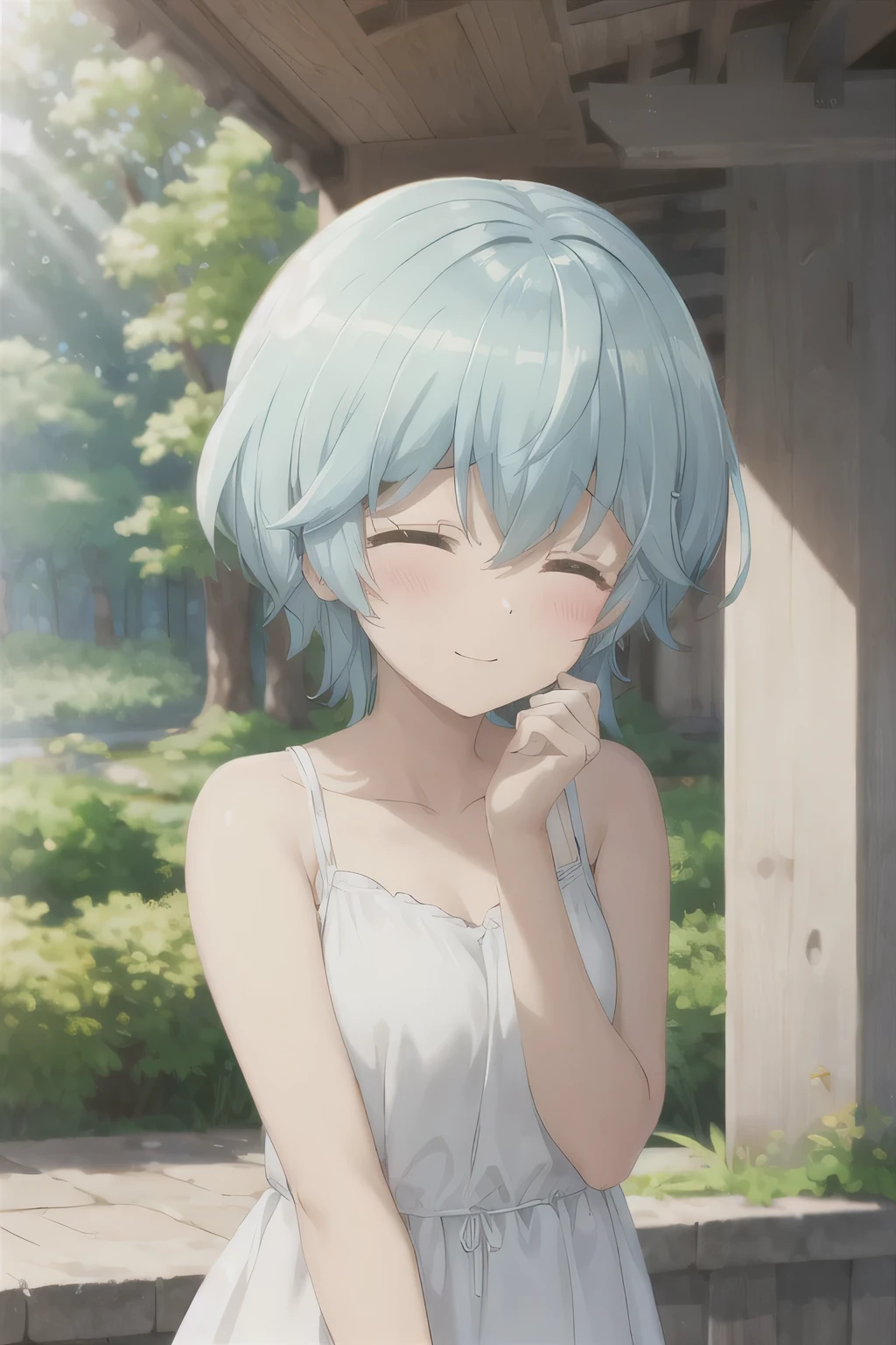 Sunlight，forest，Blue Hair，Close your eyes and act cute，Slightly blush，White Dress