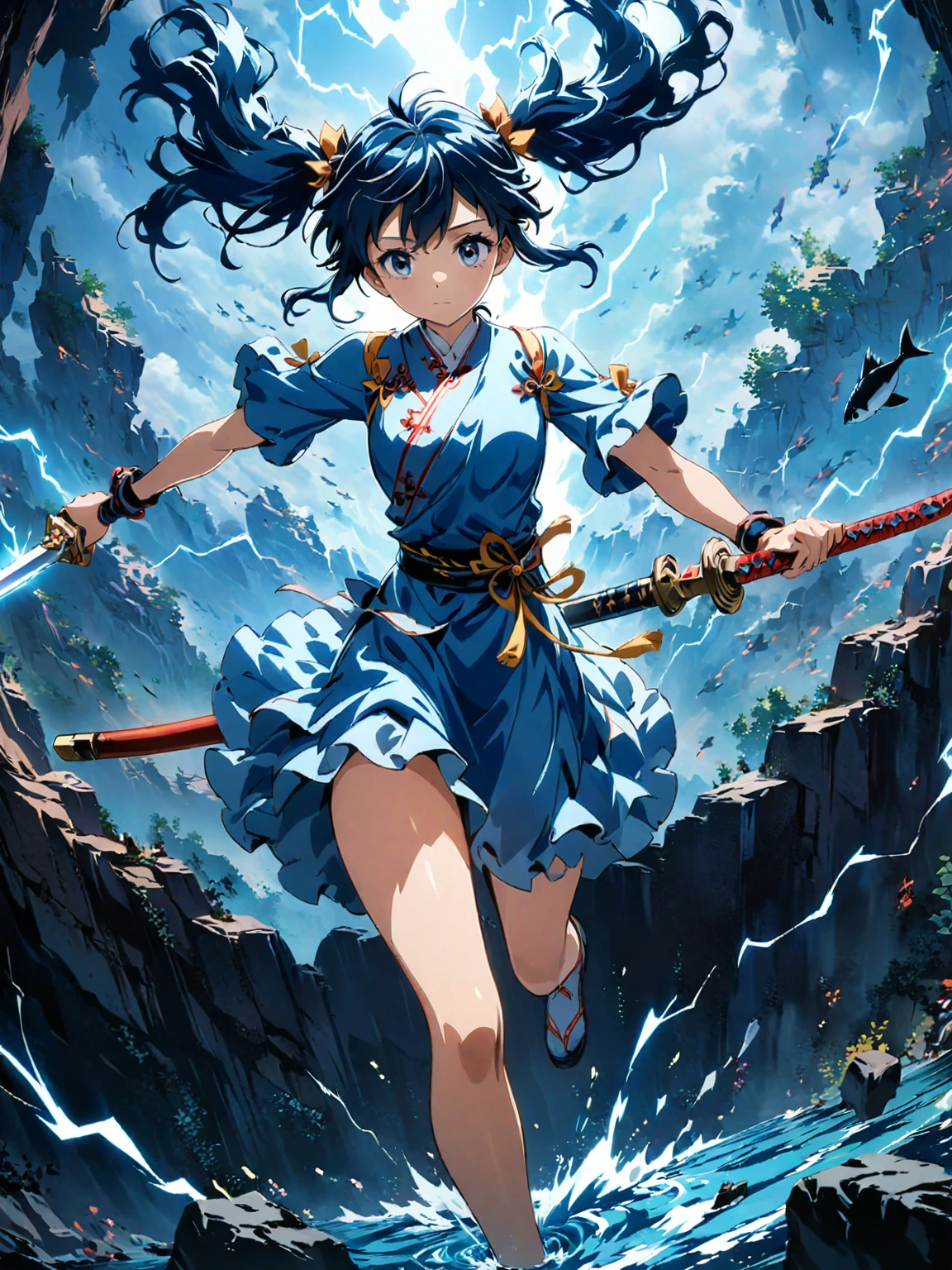 (girl with twin tails:1.3), (2020s Anime screenshot:1.3), (SAMURAI Girl anime character:1.3), (close-up eye shot:1.2), (low angle view:1.2), (lightning slash:1.3), (Chinese sword:1.3), (slashing lightning with motion blur:1.2), (swirling motion around the sword:1.2), (action scene:1.2), (floating:1.2), (fish eye lens:1.2), (Jump | Running | Inversion | Spin:1.2), (anime girl in blue dress flying with sword in the sky:1.3), (Makoto Shinkai Cyril Rolando:1.2), (wallpaper anime blue water:1.2), (4k anime wallpaper:1.3), (sword and wand - water:1.2), (anime style 4k:1.3), (anime wallpaper 4k:1.3), (anime wallpaper 4k:1.3), (anime girl walking on water:1.2), (anime epic artwork:1.2), (anime art wallpaper 4k:1.2), (anime art wallpaper 4k:1.2), (masterpiece:1.3), (best quality:1.3), (extremely detailed CG Unity 8k wallpaper:1.3), (best quality:1.3), (best illustration award:1.2), (best shadow:1.2), (absurd:1.2), (realistic lighting:1.3), (abyss:1.2), (beautiful detailed glow:1.2), (Peter MohrBacher art work:1.1)
